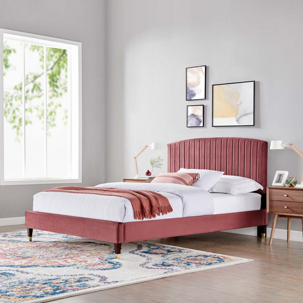 Platform Bed Frame, Queen Size, Pink, Velvet, Modern, Bedroom Guest Suite
