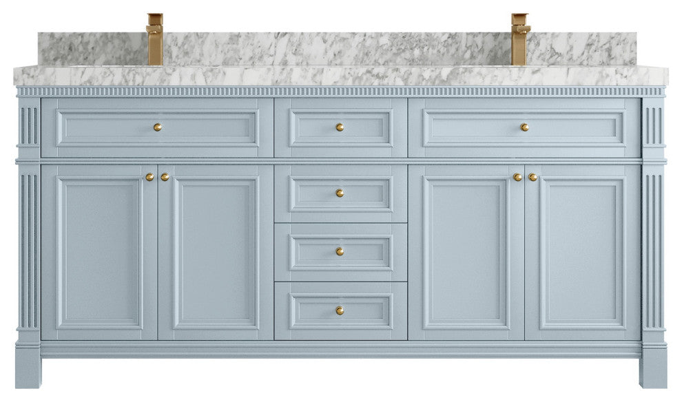 Paris 72" Double Sink Bathroom Vanity, Blue Heather 2" Carrara Marble