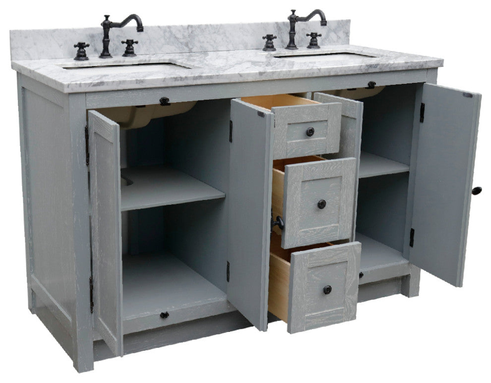 55" Double Vanity, Gray Ash With White Carrara Marble, Mirrors & Rectangle Sinks