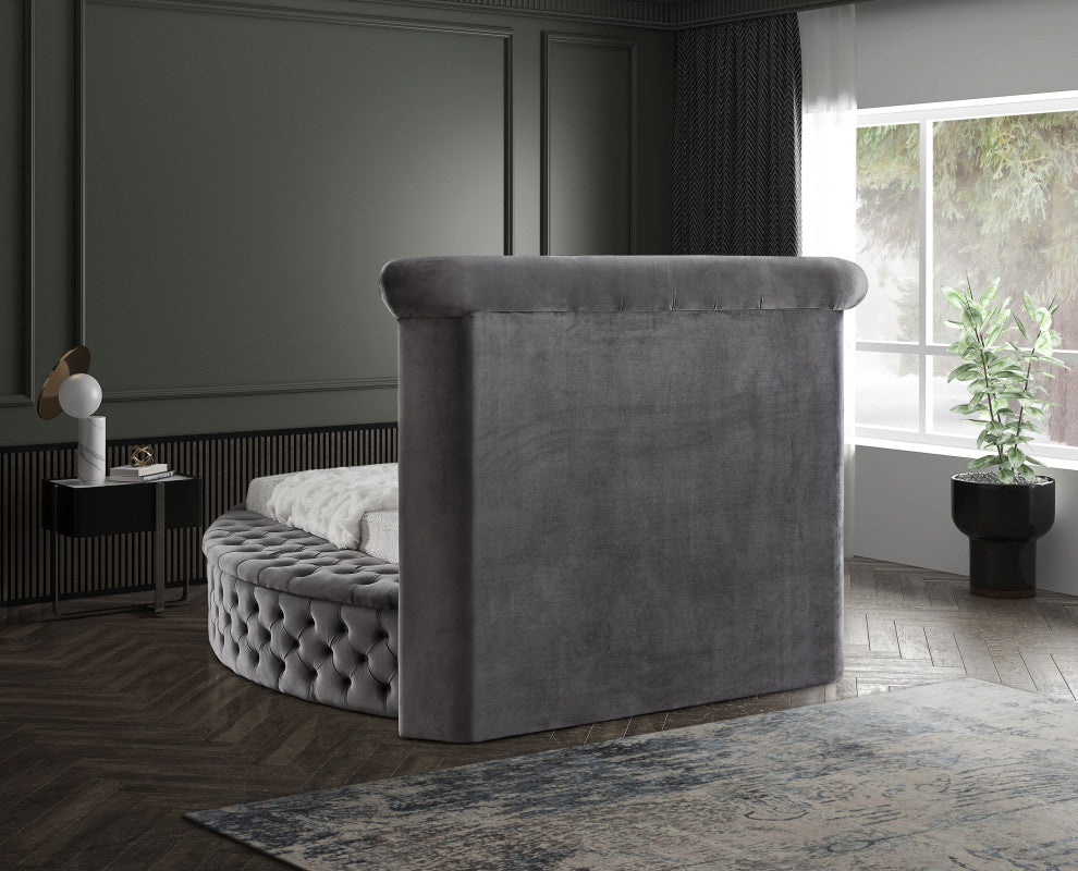 Luxus Button Tufted Velvet Round Bed, Gray, Twin