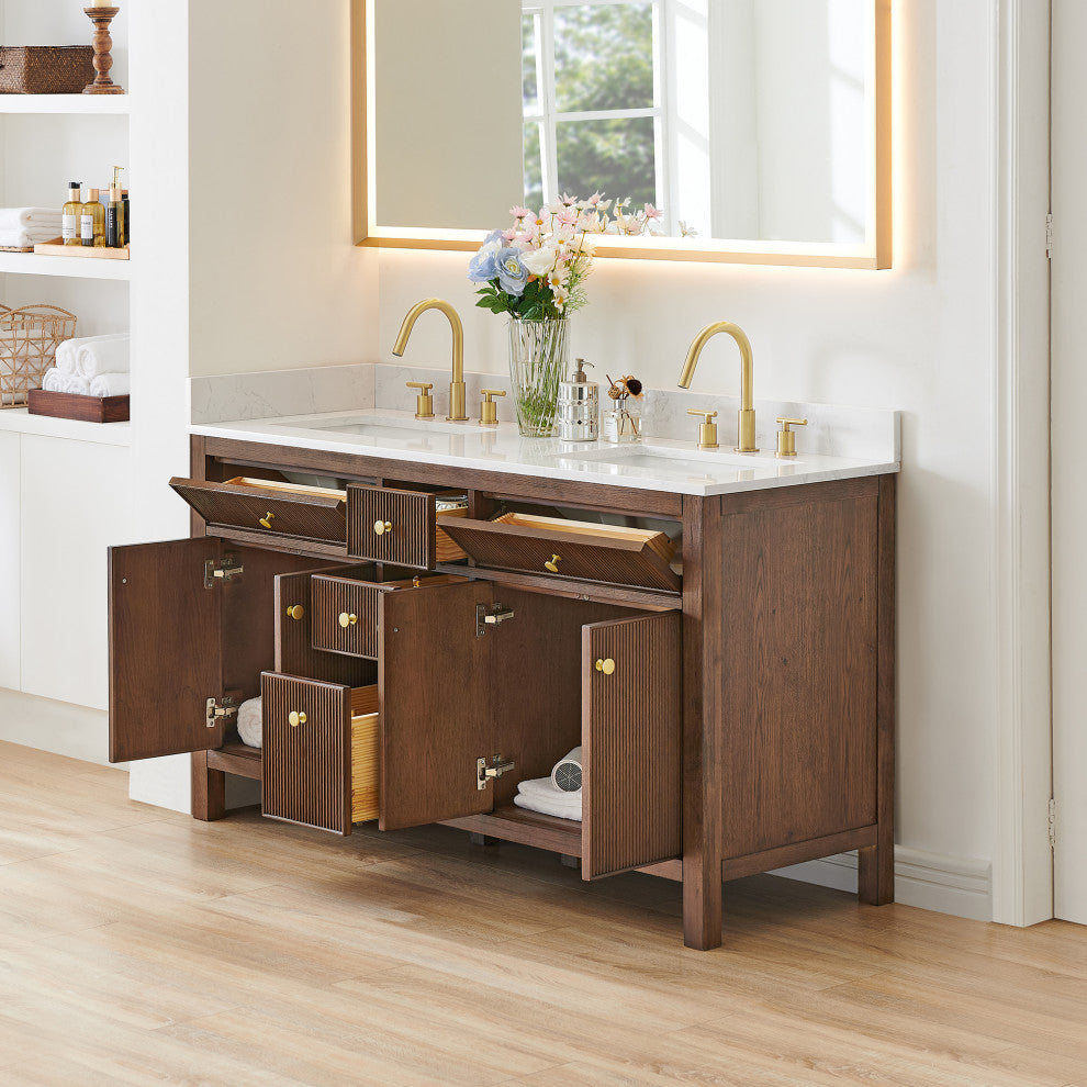 Cerrito Bathroom Vanity, Brown Brushed Oak, 60" Double, Without Mirror