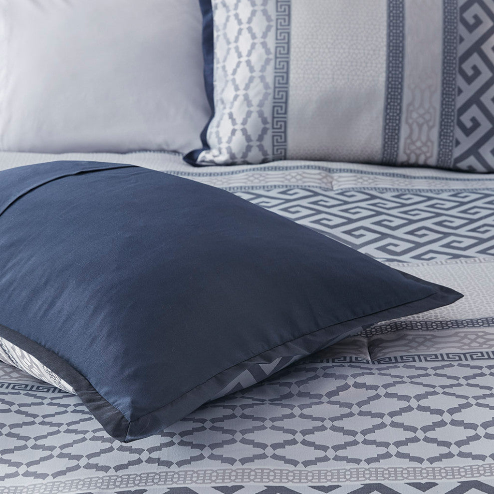 Madison Park Bennett Traditional Greek Keys 7-Piece Comforter Set, Navy Blue, Ki