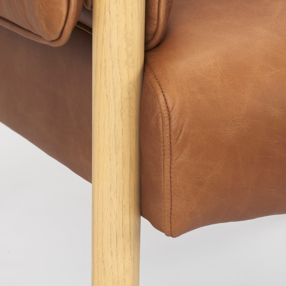 Ashton Medium Brown Genuine Leather w/ Natural Solid Wood Accent Chair