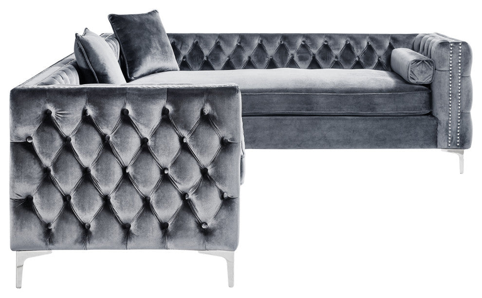 Jeannie 120" Velvet Corner Sectional Sofa, Gray, Right Facing