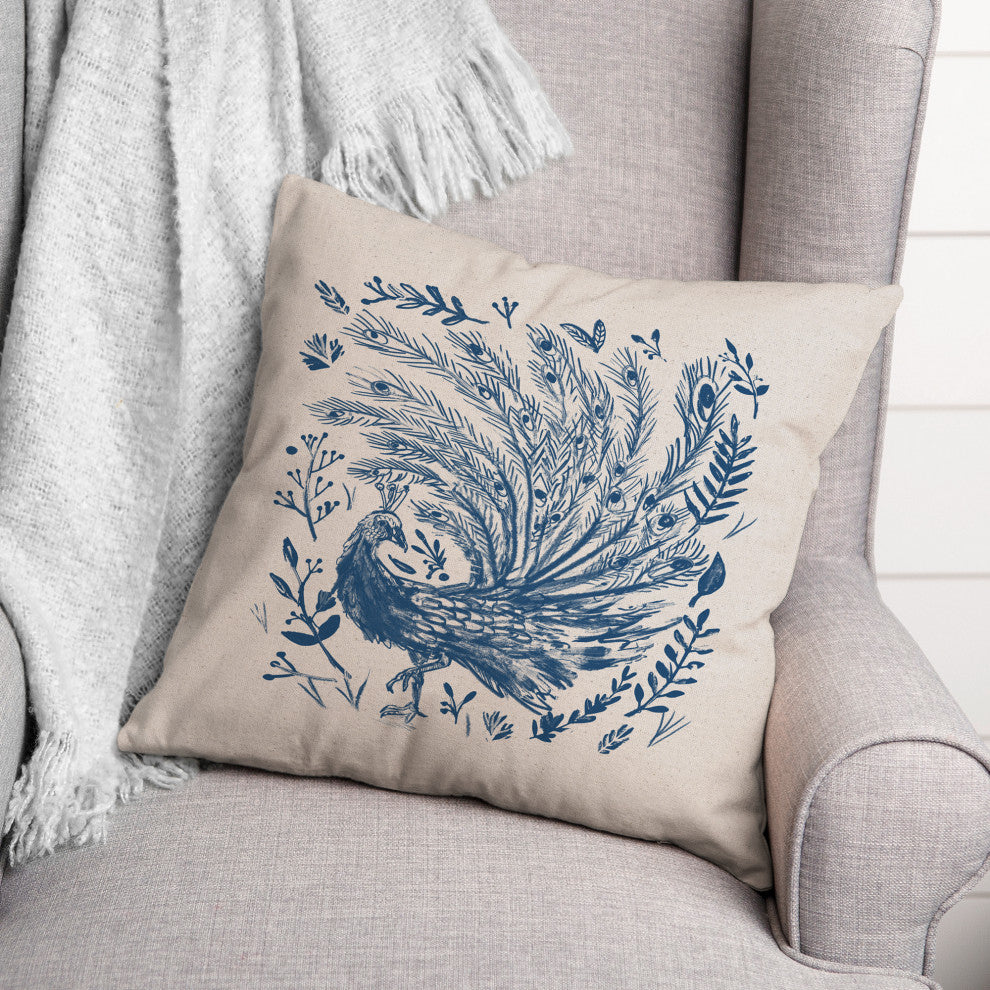 Blue Drawn Peacock 4 20x20 Spun Poly Pillow