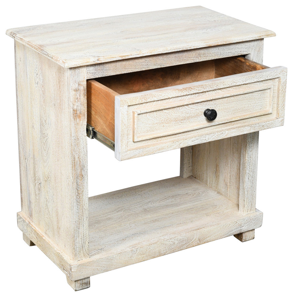 Jenna 1-Drawer Solid Wood Nightstand With Distressed White Finish
