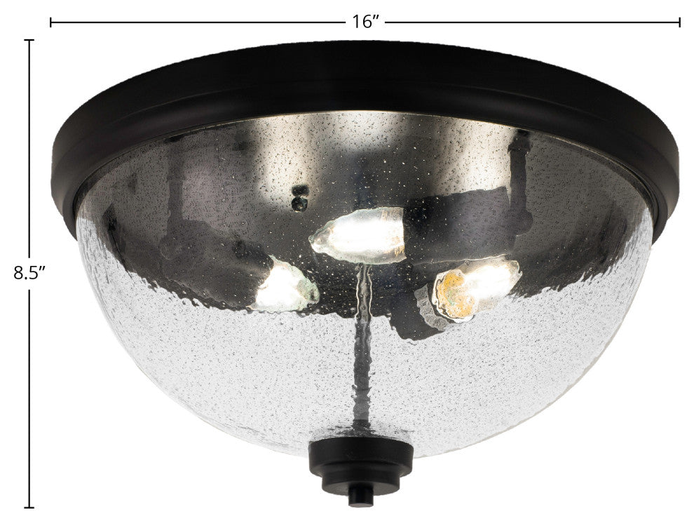 16" 3-Light Flush Mount Light, Matte Black/Smoke Bubble