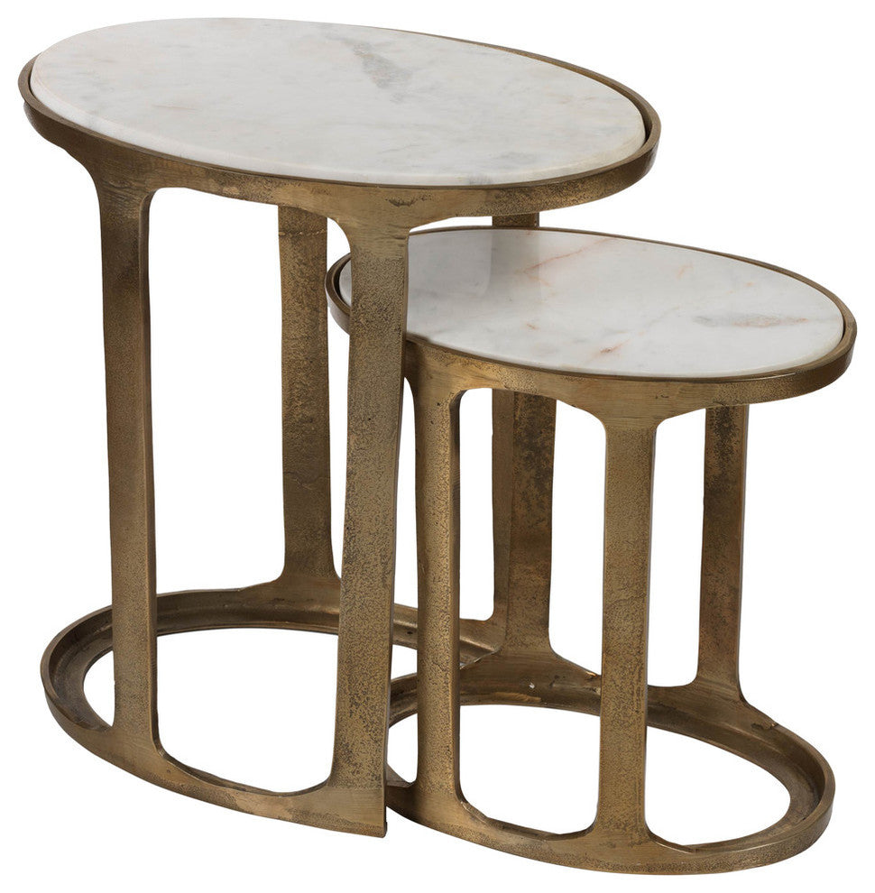 "Nikki" 2-Piece Aluminum Nesting Table Set, Oval Shaped with Marble Top