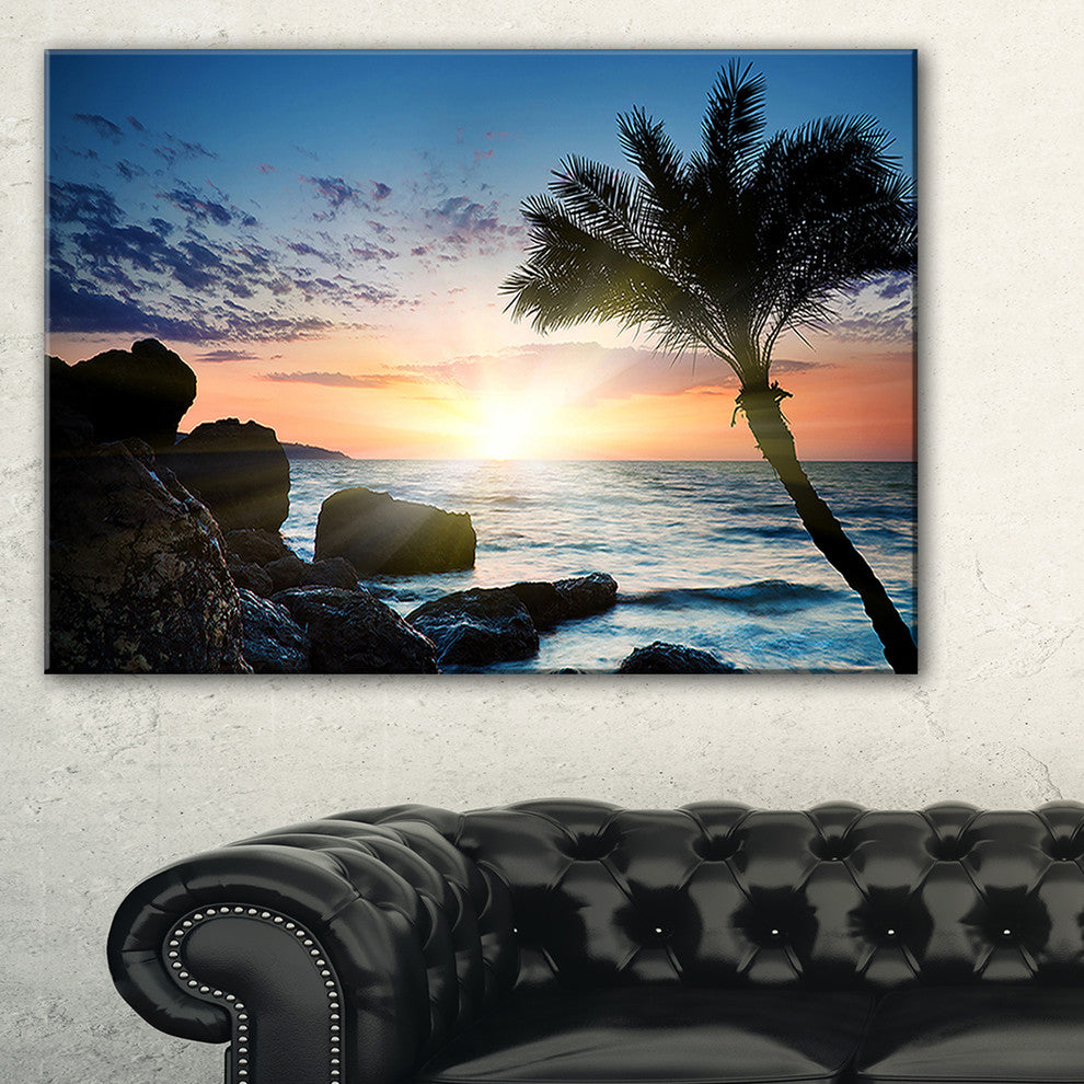 "Lonely Palm Tree On Rocky Beach" Modern Seashore Canvas Art, 40"x20"