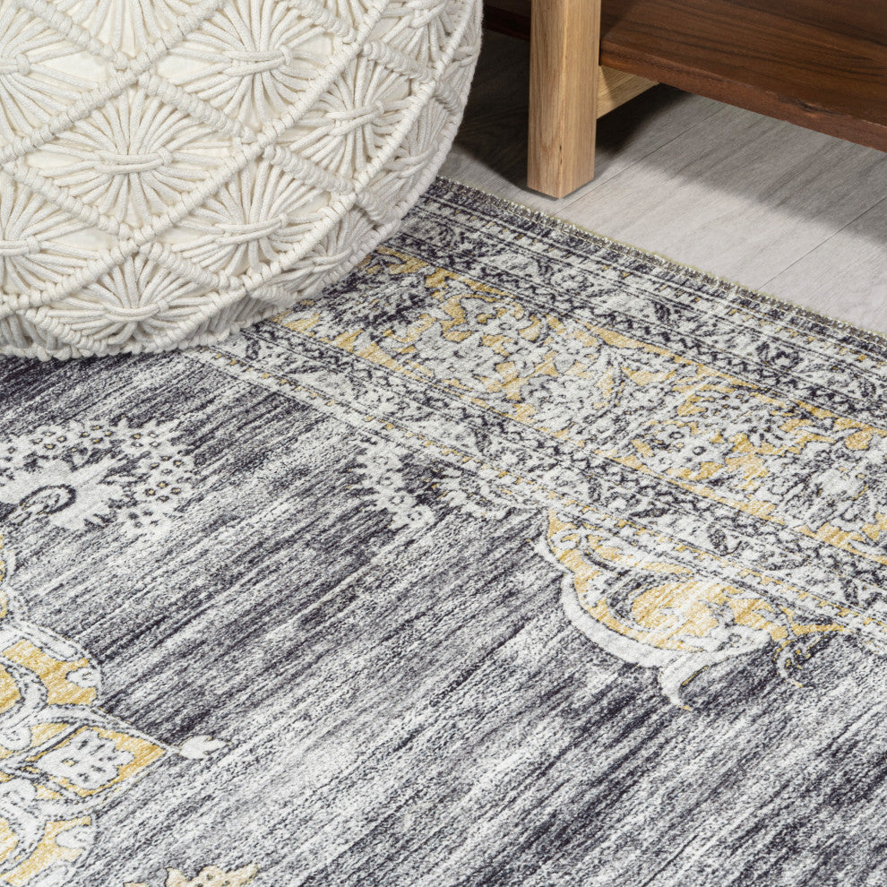 Bausch Distressed Chenille Washable Dark Gray/Yellow 4 ft. x 6 ft. Area Rug