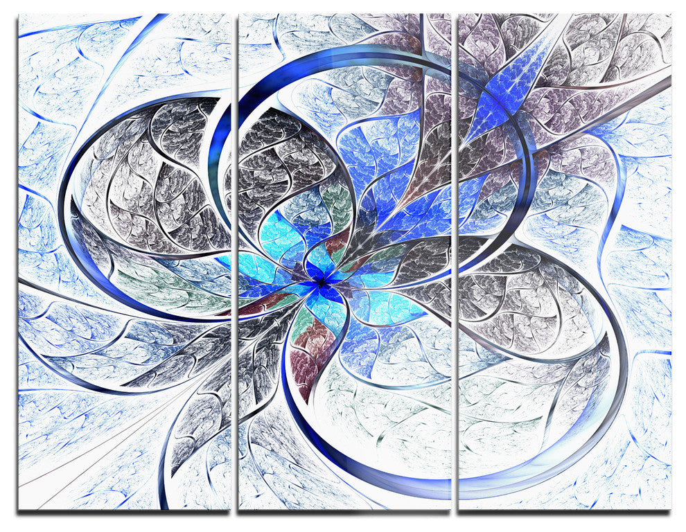 "Symmetrical Blue Fractal Flower" Digital Metal Wall Art, 3 Panels, 36"x28"
