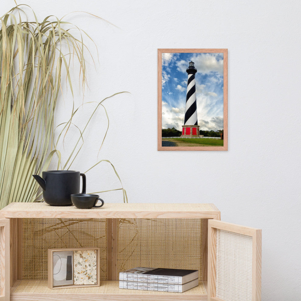 Cape Hatteras Lighthouse Coastal Landscape Framed Photo Paper Wall Art Prints, Red Oak, 12" X 18"