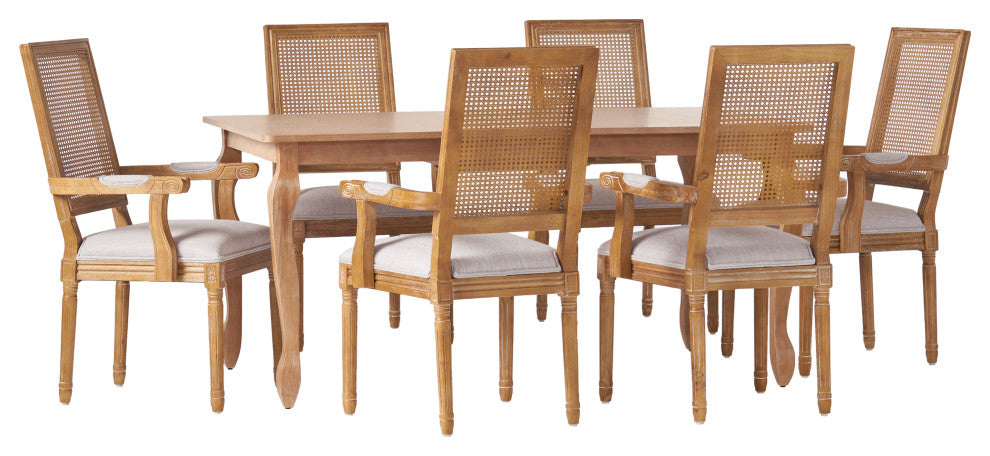 Regan Fabric Upholstered Wood and Cane Expandable 7-Piece Dining Set, Natural Brown/Light Gray