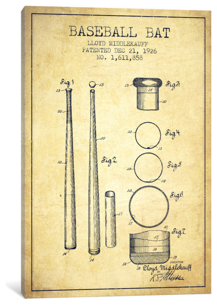 "Baseball Bat Vintage Patent Blueprint" by Aged Pixel, 40x26x1.5, 1-Piece