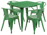 Commercial Grade 31.5" Square Green Metal Indoor-Outdoor Table Set, 4 Arm Chairs