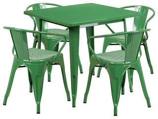 Commercial Grade 31.5" Square Green Metal Indoor-Outdoor Table Set, 4 Arm Chairs
