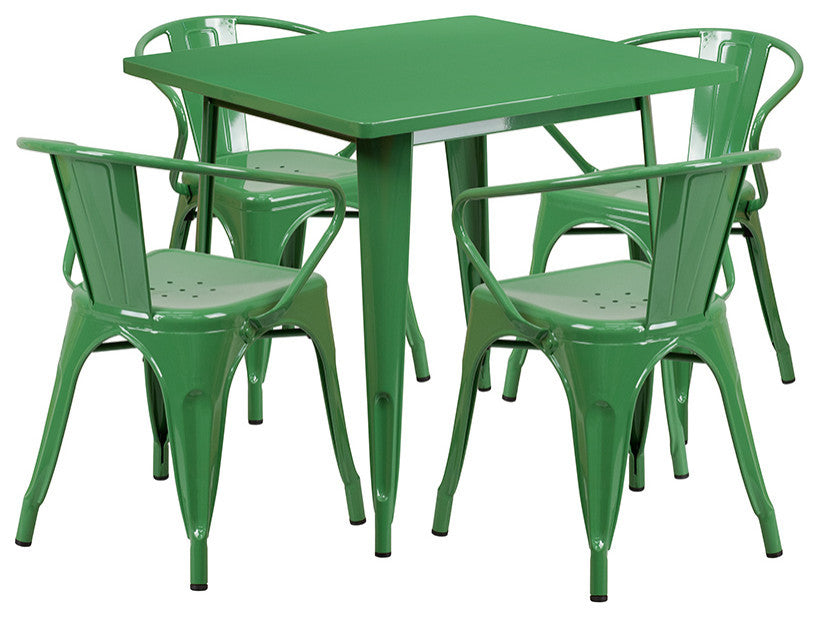 Commercial Grade 31.5" Square Green Metal Indoor-Outdoor Table Set, 4 Arm Chairs