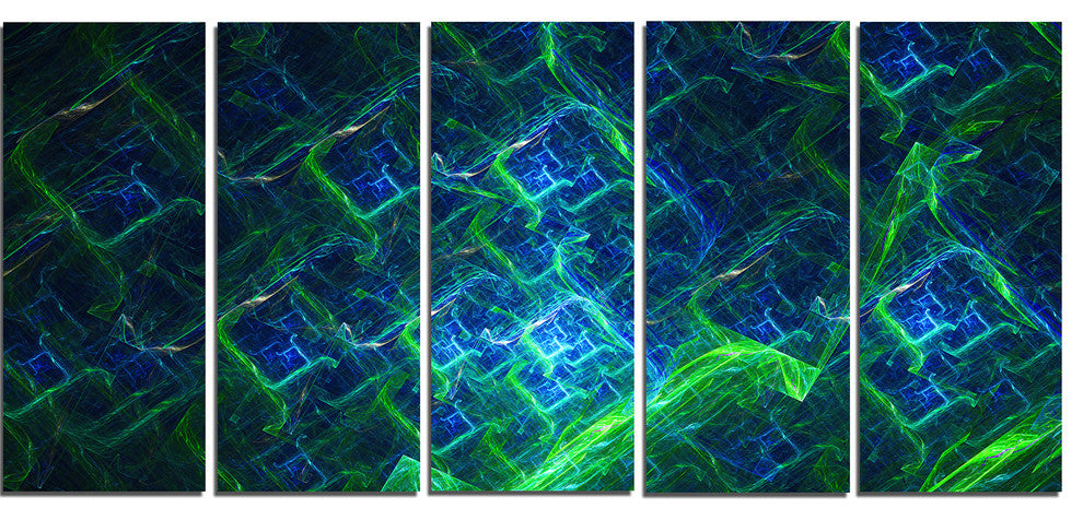 Green Blue Electric Lightning, Abstract Art on Canvas, 60"x28", 5 Panels