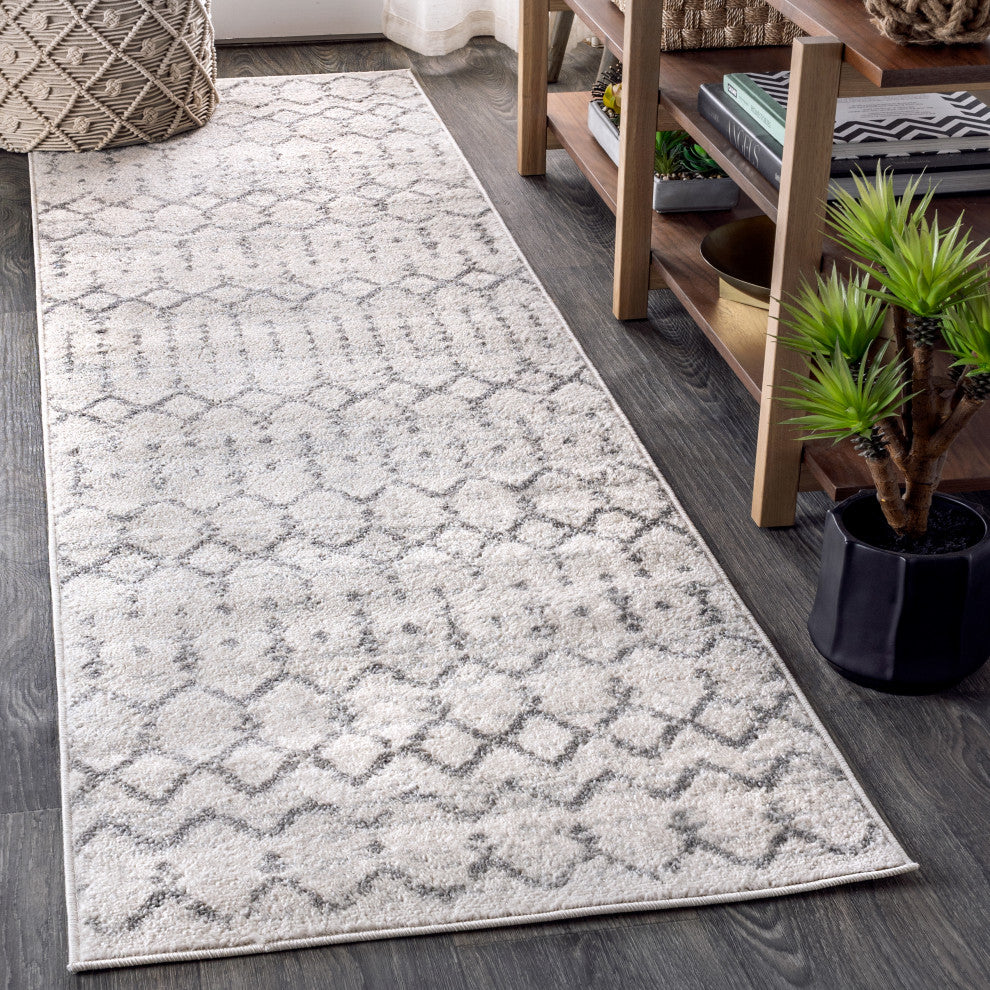 Moroccan HYPE Boho Vintage Diamond Runner Rug, Cream/Gray, 2 X 14