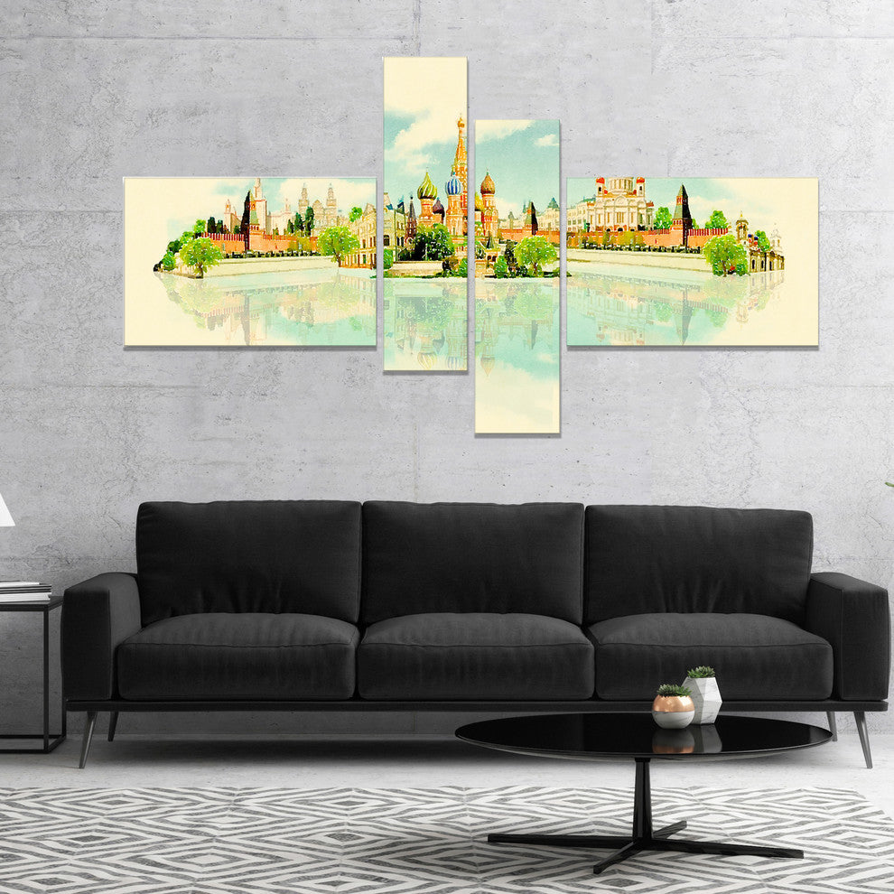 Moscow Panoramic View, Cityscape Watercolor Canvas Print, 60"x32", 4 panels