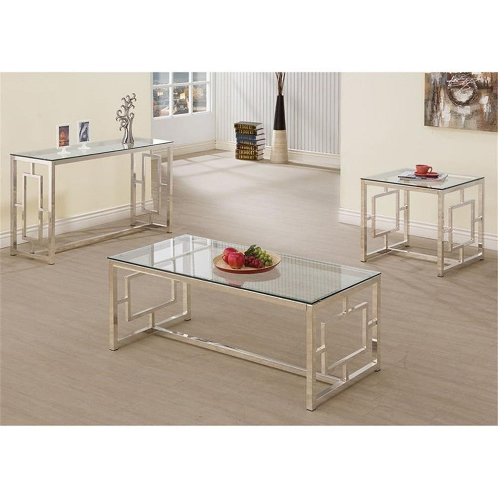 Bowery Hill Contemporary Geometric Glass Top Coffee Table in Nickel