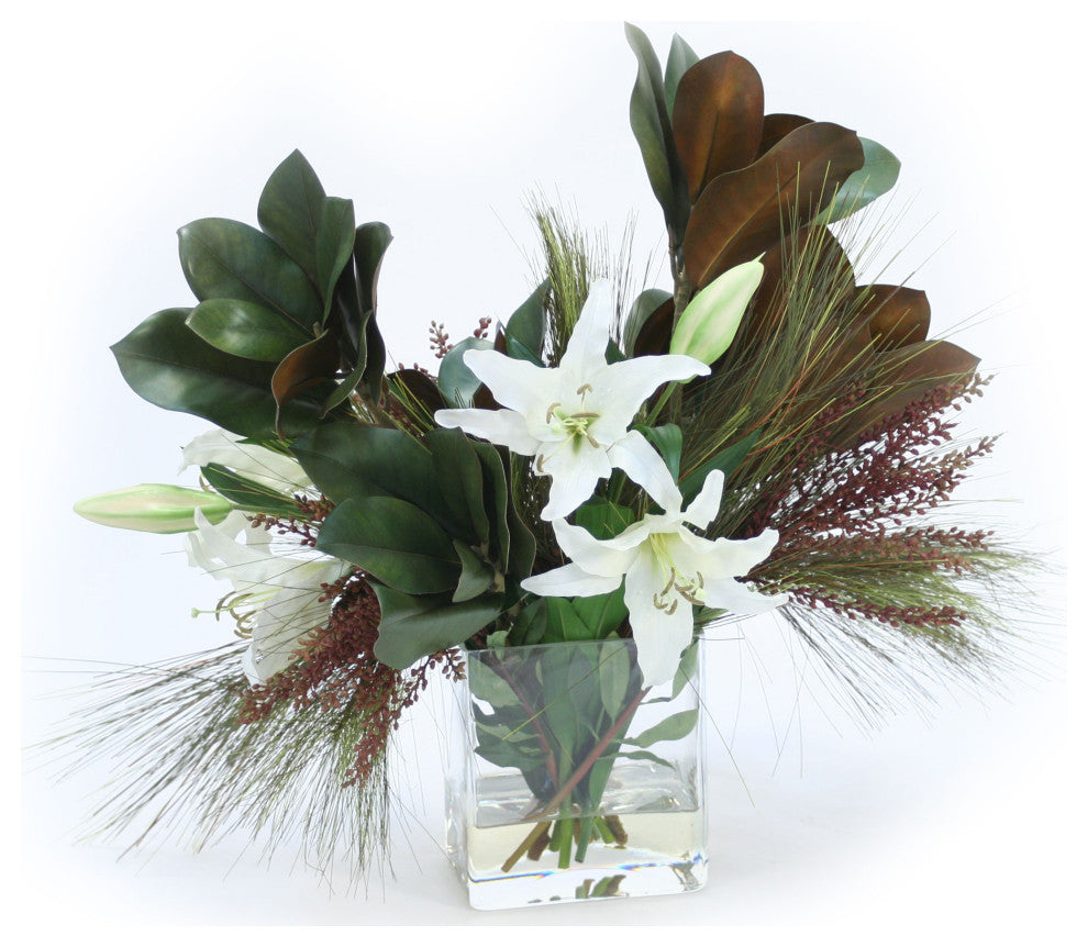 White Casablanca Lilies with Magnolia Foliage and Pine