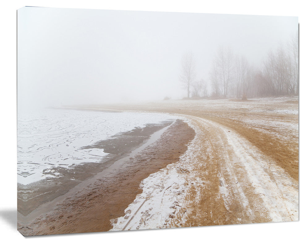Sandy Beach in the Winter Fog, Modern Seashore Canvas Art, 40"x30"