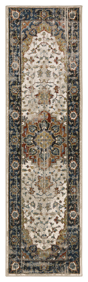 Vander Traditional Medallion Beige/Blue Power-Loomed Area Rug, 2'3"x7'6"