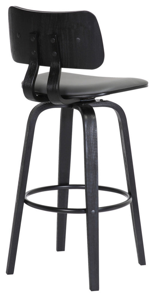 Pico 26" Swivel Black Wood Counter Stool in Gray Faux Leather with Black Metal, 30