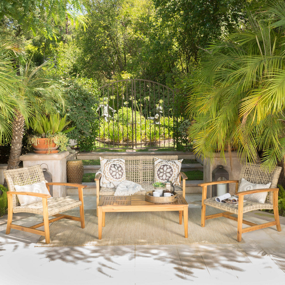 Spring Spender Outdoor 4-Piece Wood, Wicker Chat Set, Natural Stained, Gray