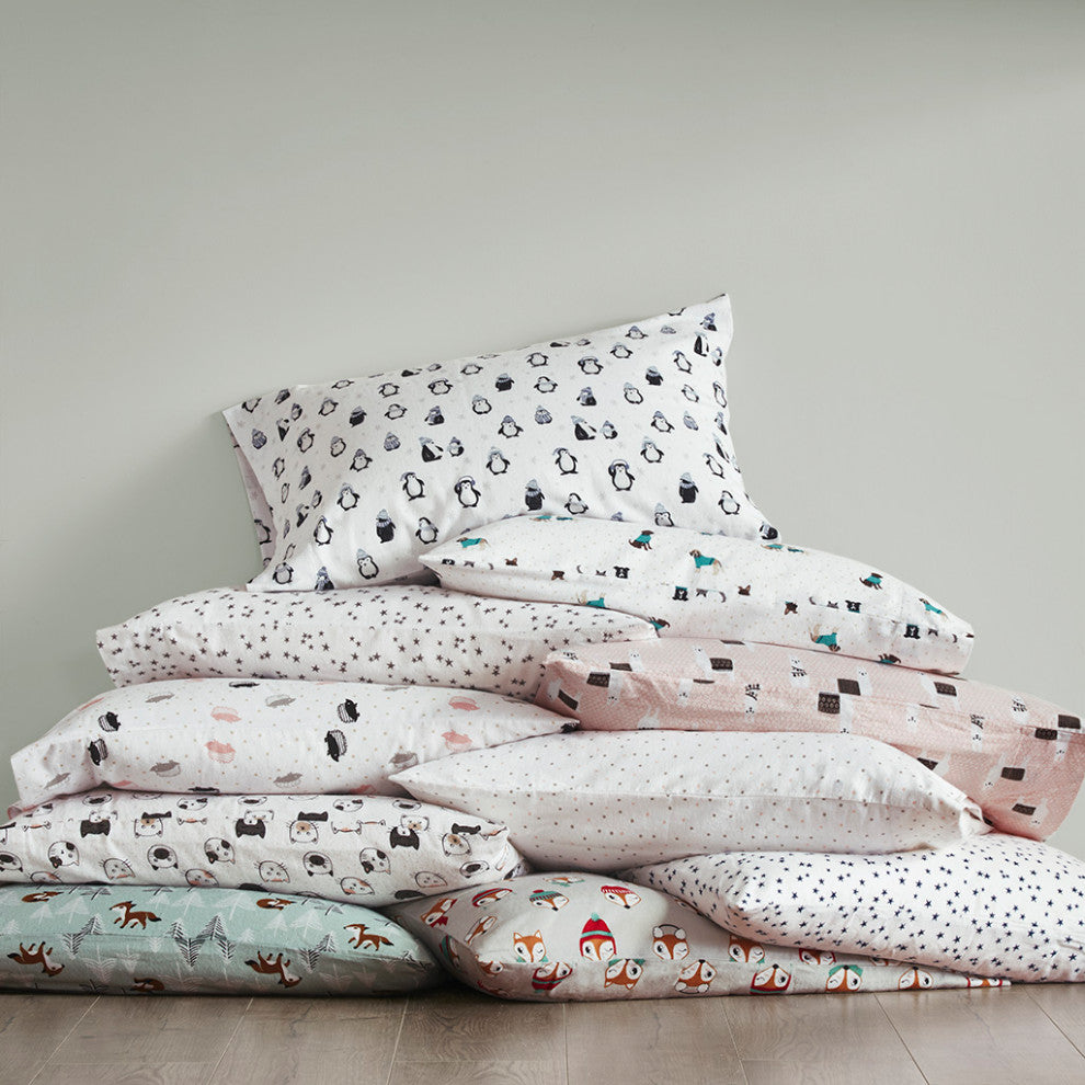 Intelligent Design Cozy Soft Cotton Flannel Printed Sheet Set, Blue Penguins