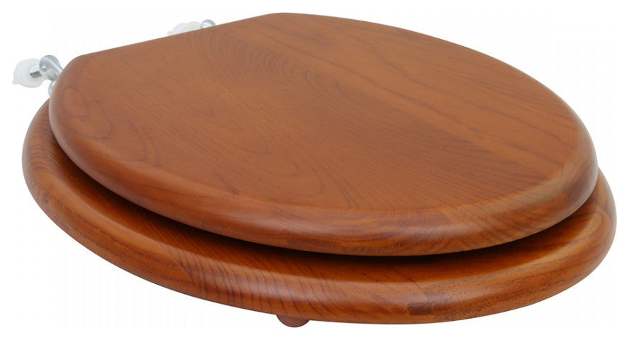 Solid Wood Toilet Seat Round Light Mahogany Finish Stained Chrome Hinge