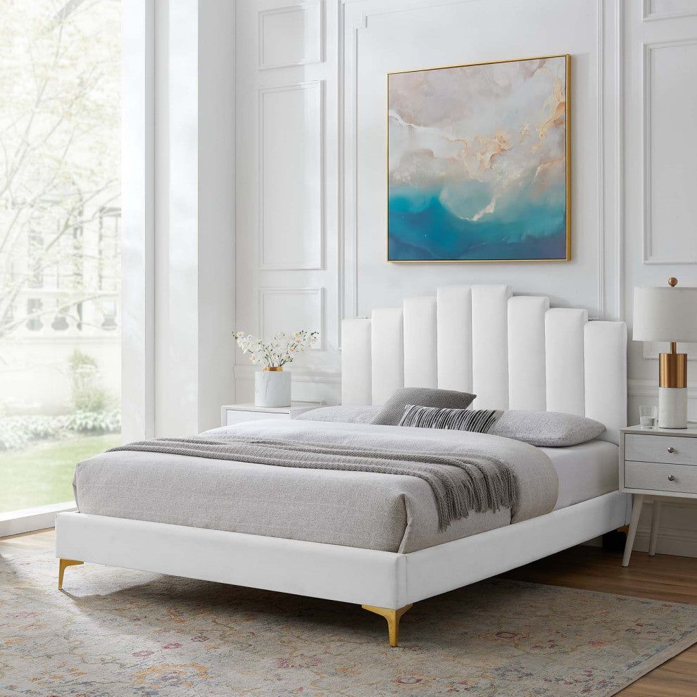 Platform Bed Frame, King Size, Velvet, White, Modern Contemporary, Bedroom