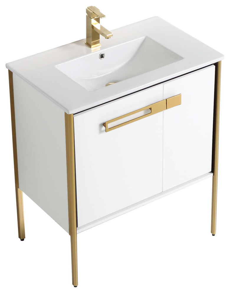 Oakville Bath Vanity, Ceramic Sink, White Matte, 30 Inch, Satin Brass Hardware