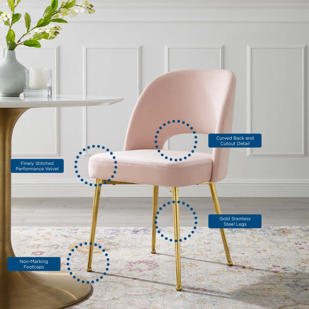 Side Dining Chair, Velvet, Metal, Pink, Modern, Bistro Restaurant Hospitality