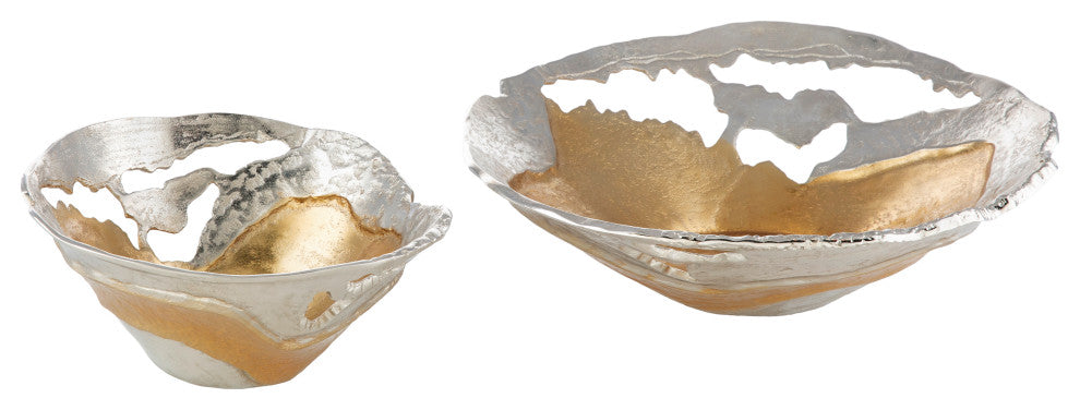Ambrosia Scandinavian Distressed Metal Decorative Bowls, 2-Piece Set, Gold