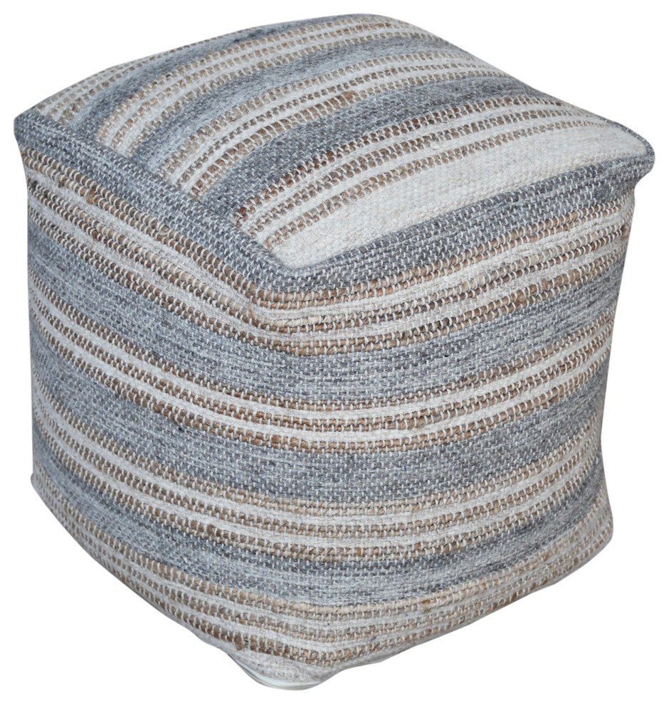 Casual Woven Striped Gray Pouf Ottoman Cube Square Cream Neutral Accent Coastal