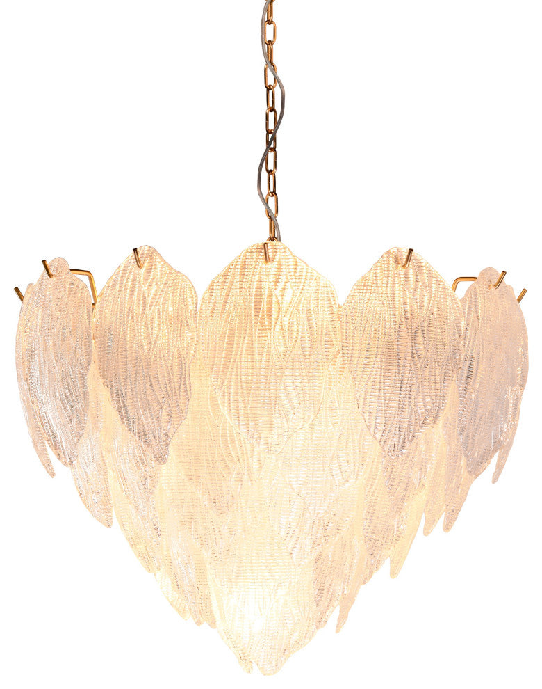 Leaf Inspired Textured Chandelier Pendant, Clear Glass and Gold Finish, 20"