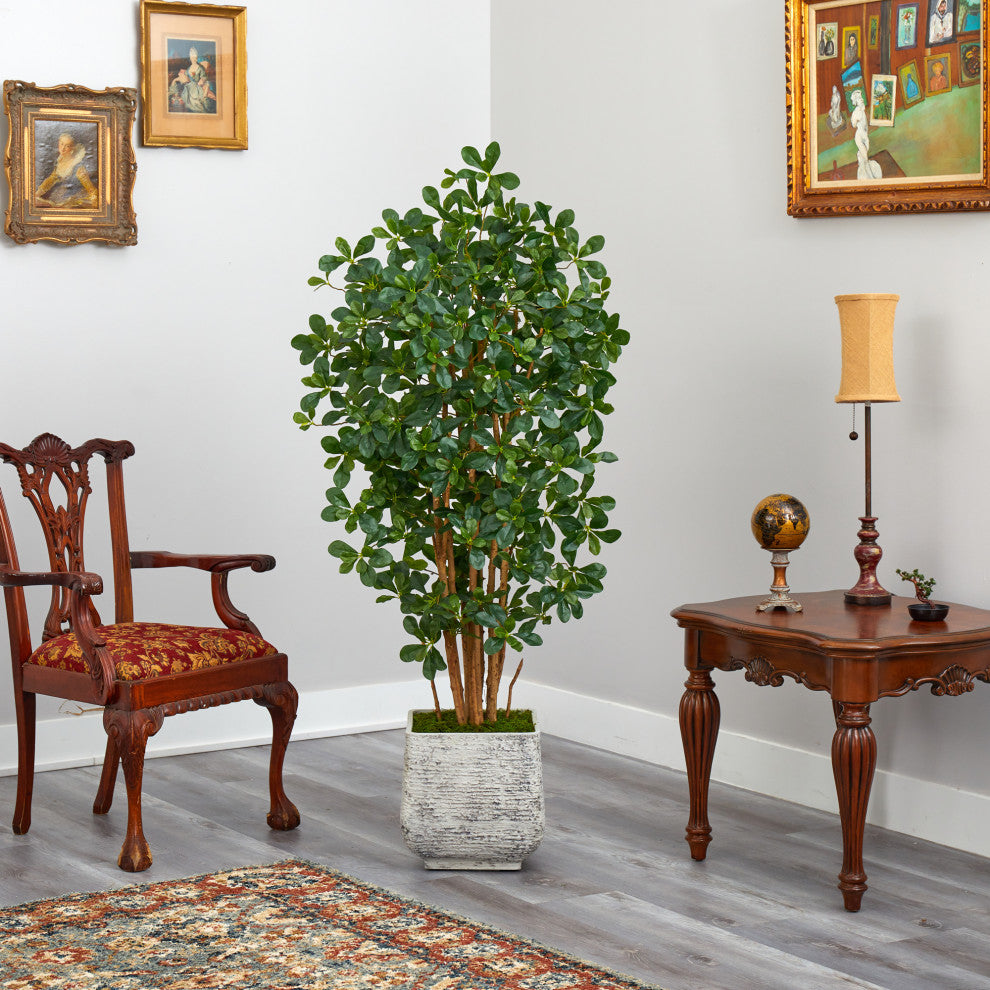 67" Black Olive Artificial Tree With 1365 Bendable Leaves, White Planter