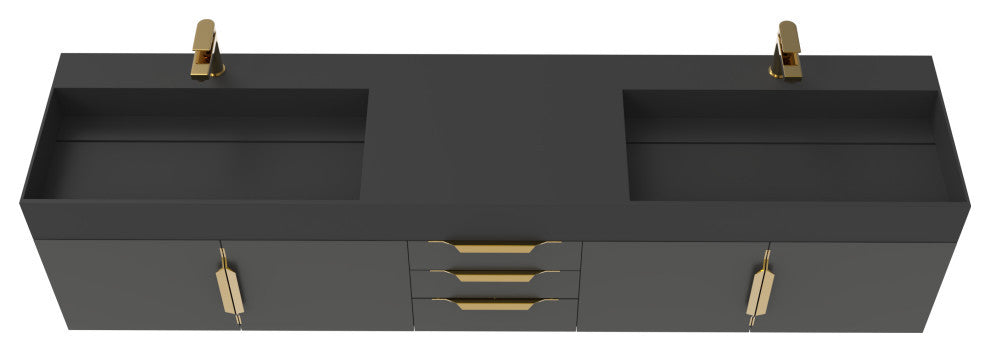 CastelloUSA Amazon 84" Wall Mounted Vanity Set, Black, Black Top, Gold Handles