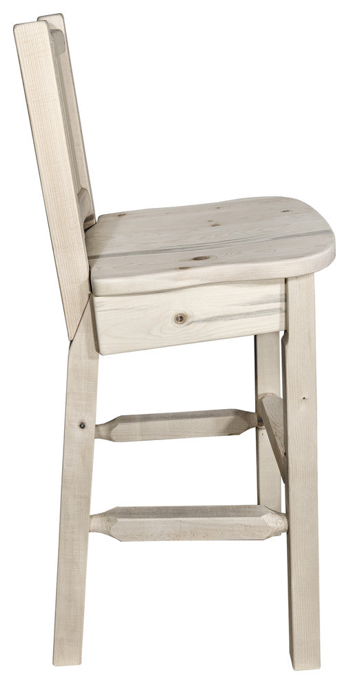 Homestead Bar Stool With Back, With Laser Engraved Elk, Clear Lacquer Finish, Re