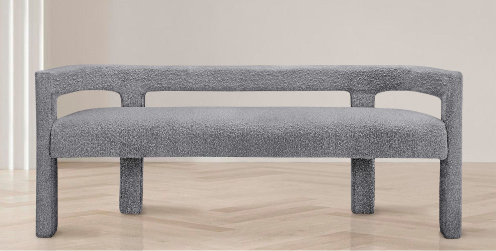 Athena Boucle Fabric Upholstered Bench, Grey, Boucle Fabric