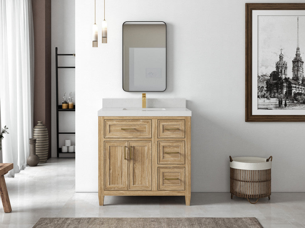 Santa Monica 36 Center Sink Bath Vanity in Whitewashed Teak 2" Carrara Quartz