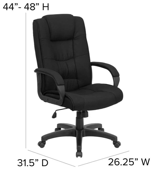 Comfortable Office Chair, Adjustable Seat With Padded Arms, Black Fabric