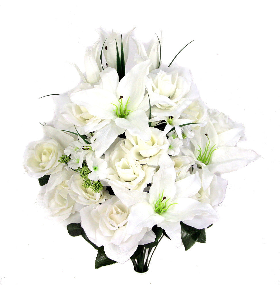 30 Stems Artificial Rose, Lilies And Buds With Greenery, Cream