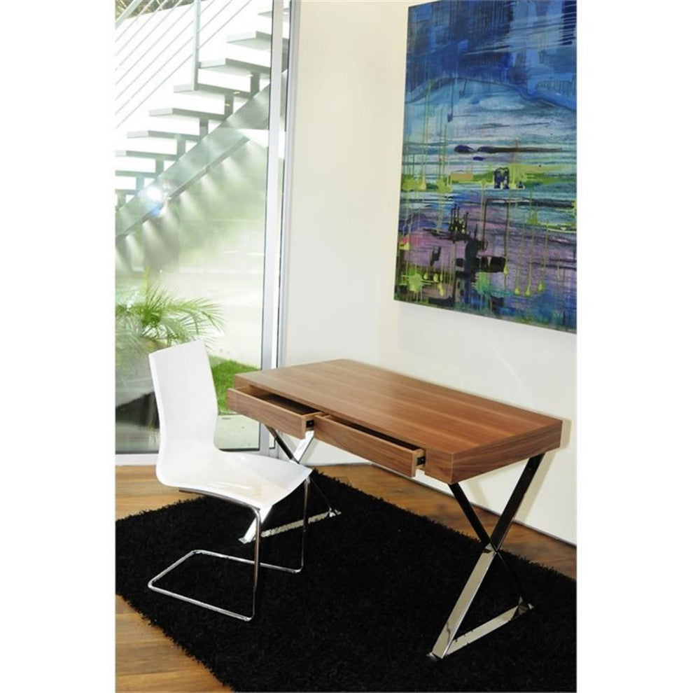 Pemberly Row Modern Wood Veneer & High Polished Steel Desk in Walnut