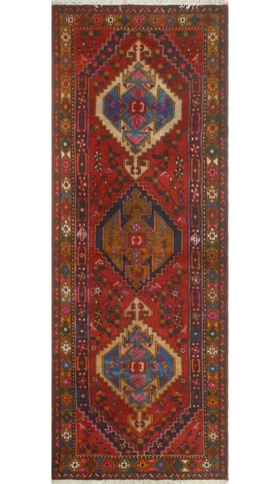 Fine Vintage Distressed Pasua Rust/Navy Runner, 3'8x10'8