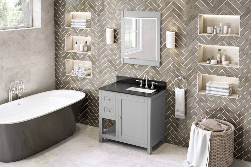 Astoria Transitional 36" Grey Right Offset Sink Vanity, Black Granite Vanity Top
