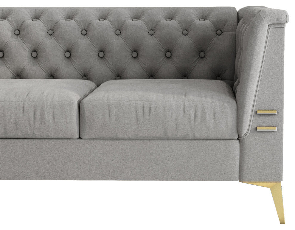 82.7'' Chesterfield Velvet Square Arm Sofa with Gold Leg, Light Gray