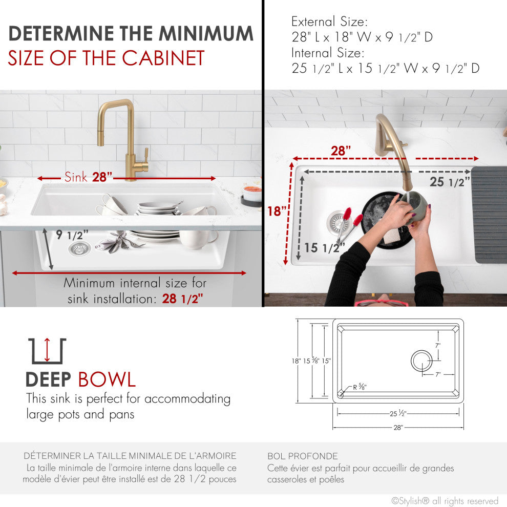 Stylish 28" Dual Mount Single Bowl White Granite Kitchen Sink